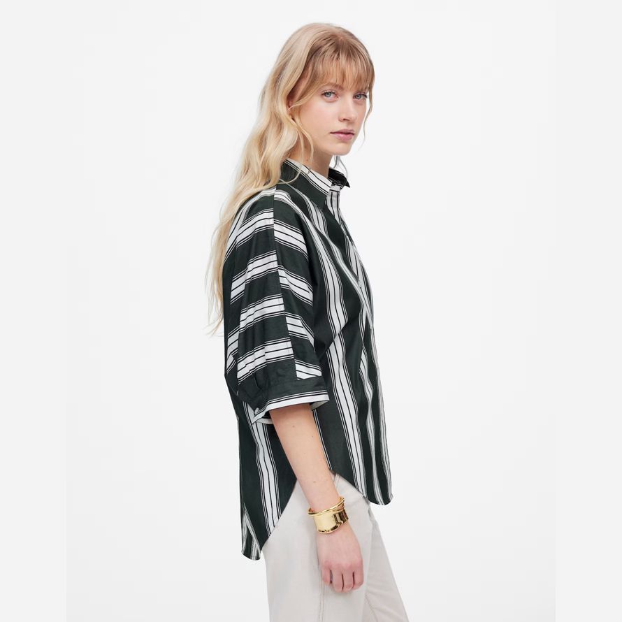 dark green white madewell oversized pleated-sleeve button-up womens t-shirts