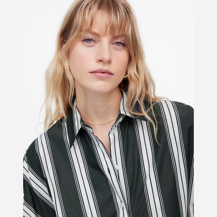 dark green white madewell oversized pleated-sleeve button-up womens t-shirts