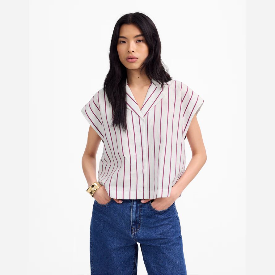 weiß lila madewell resort-kragen-leinen-baumwolle womens t-shirts