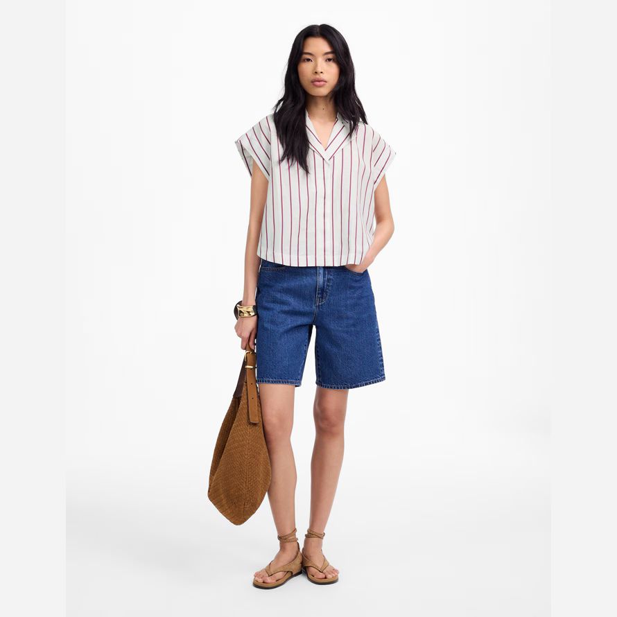 weiß lila madewell resort-kragen-leinen-baumwolle womens t-shirts