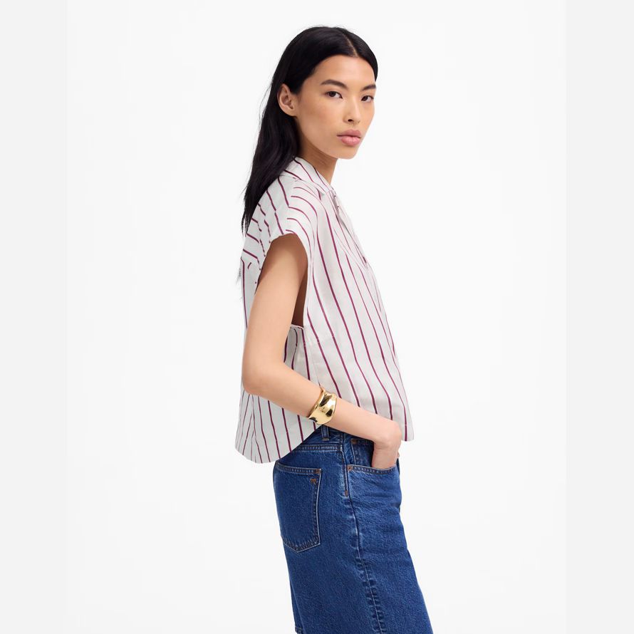weiß lila madewell resort-kragen-leinen-baumwolle womens t-shirts