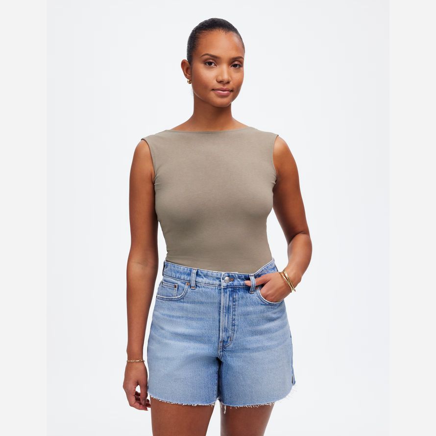 light blue womens madewell dem curvy perfekte vintage-mid-länge denim shorts
