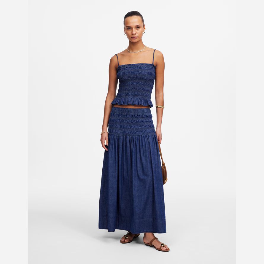 blau damen madewell gesmokt taille denim midi rock