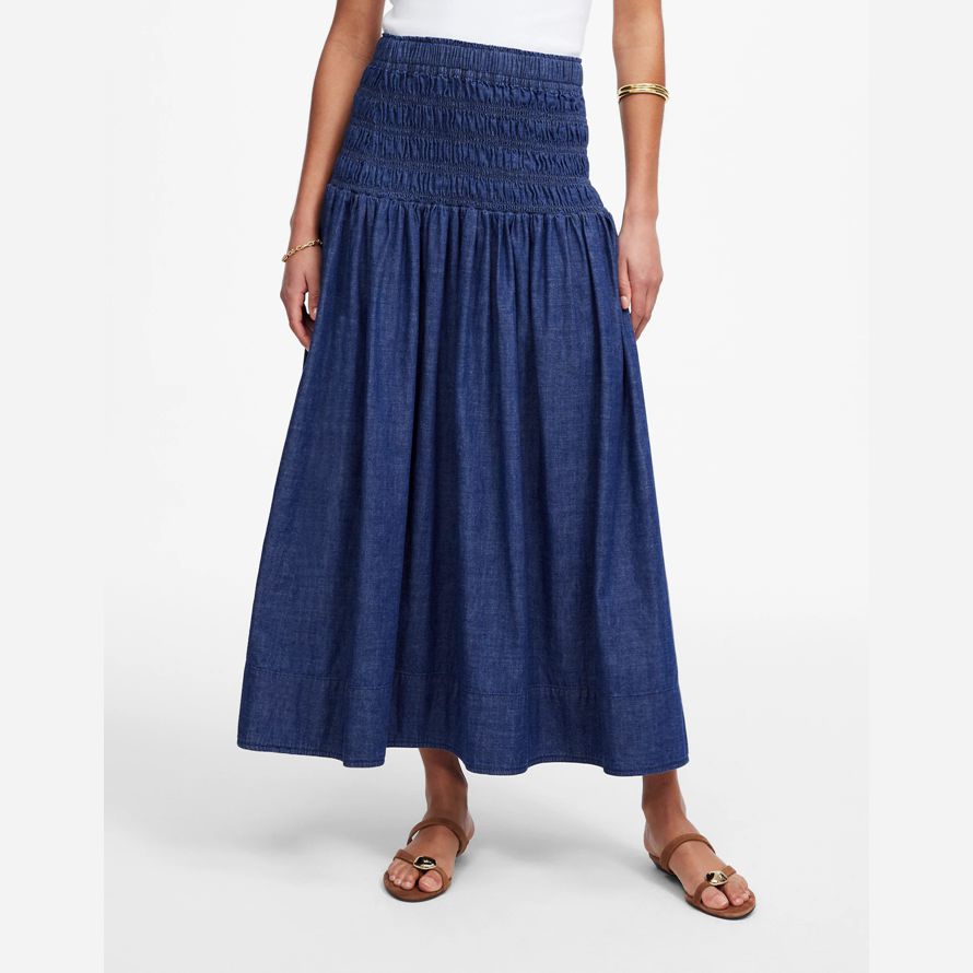 blau damen madewell gesmokt taille denim midi rock