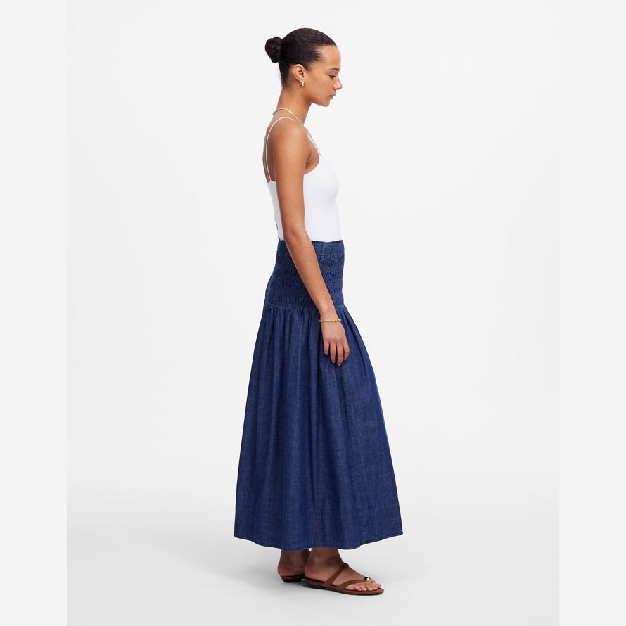 blau damen madewell gesmokt taille denim midi rock