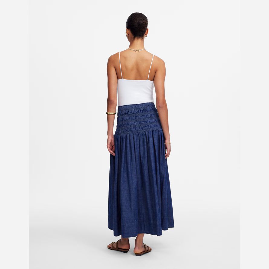 blau damen madewell gesmokt taille denim midi rock