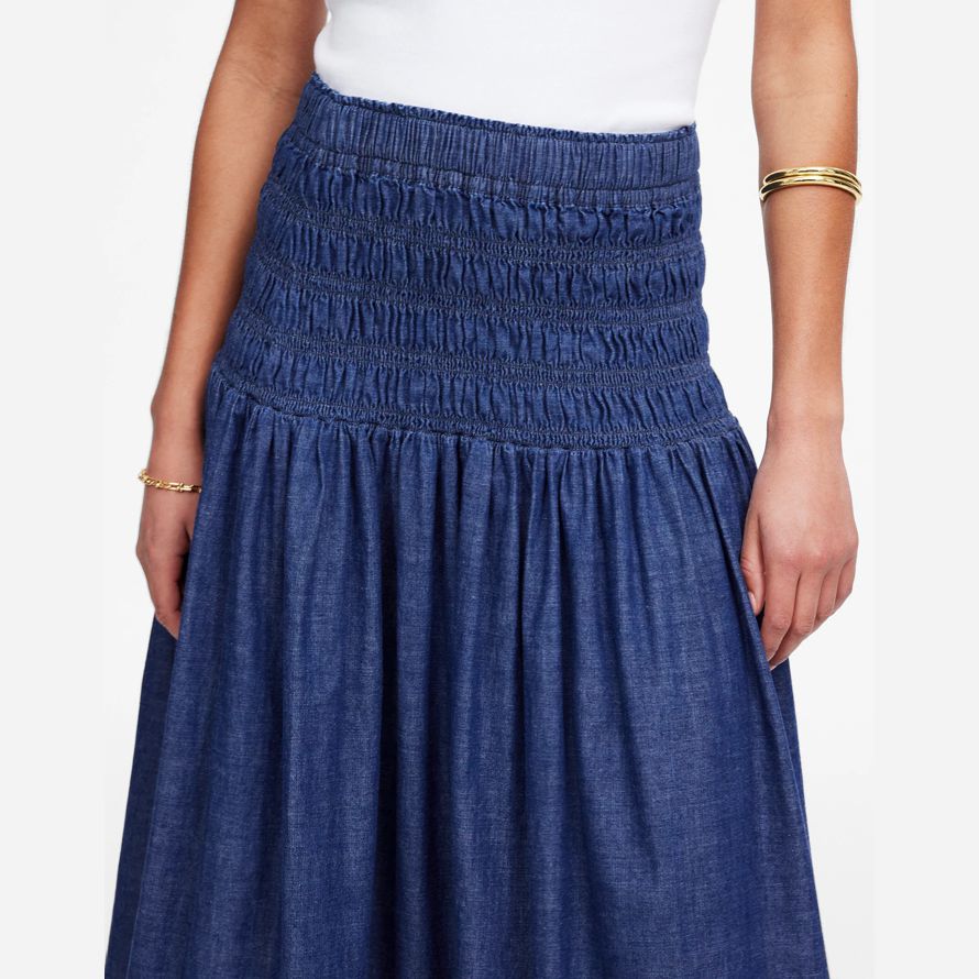 blau damen madewell gesmokt taille denim midi rock