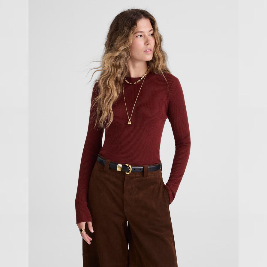 rot braun madewell double-layered crewneck merino-wolle seide damen pullover