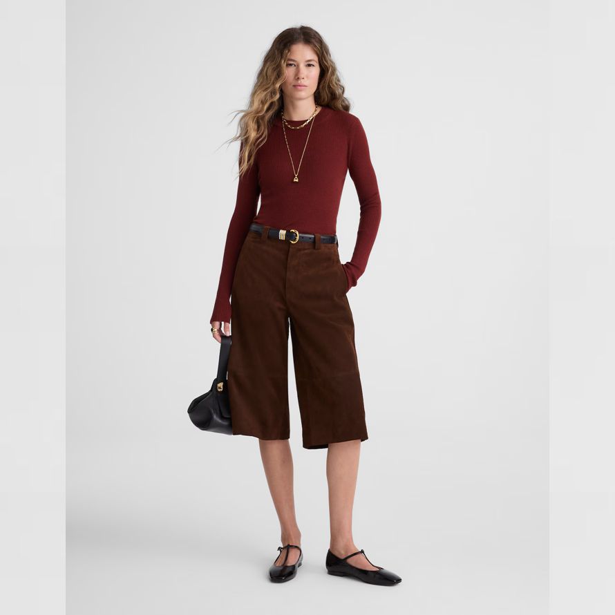 rot braun madewell double-layered crewneck merino-wolle seide damen pullover