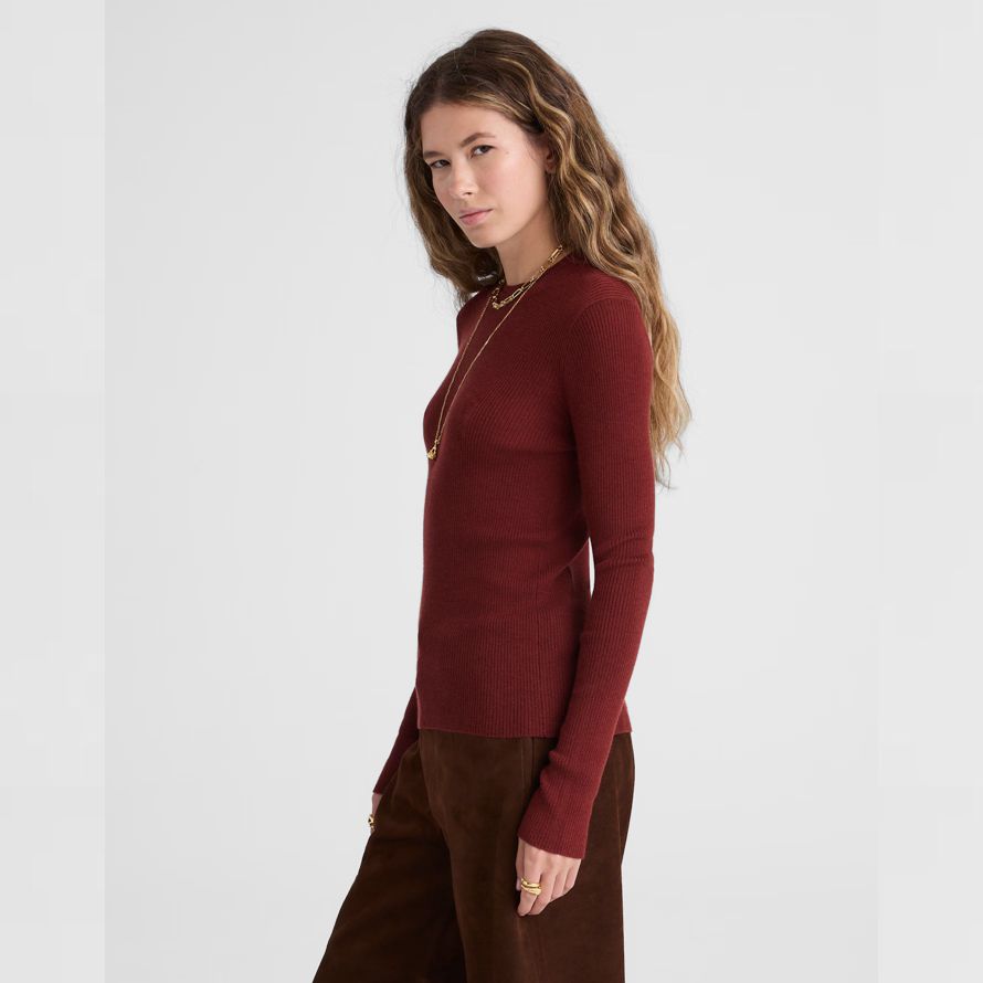rot braun madewell double-layered crewneck merino-wolle seide damen pullover