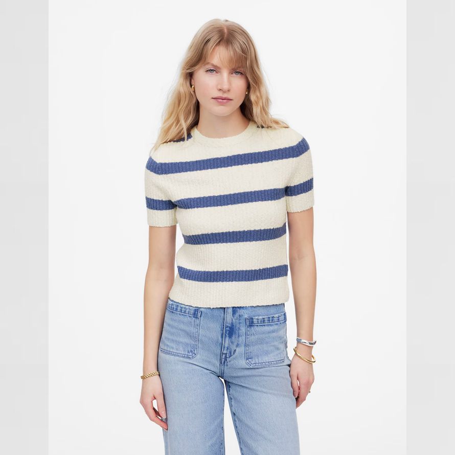 leichte creme blau womens madewell bouclé-knit crewneck short-sleeve sweater