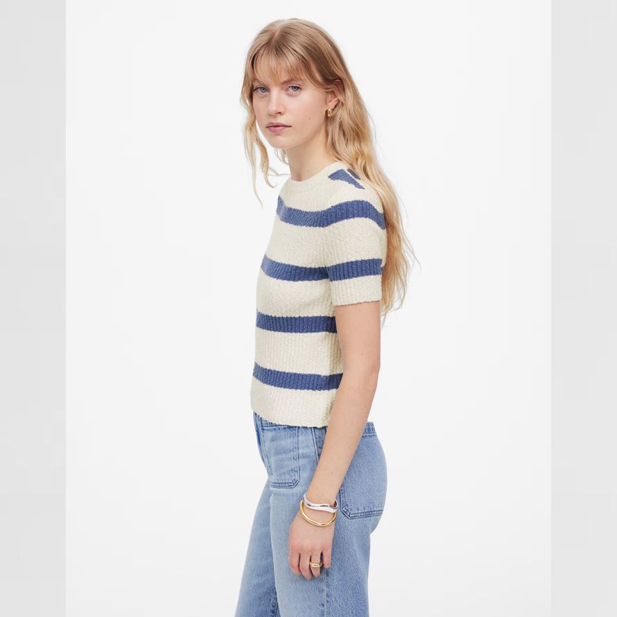 leichte creme blau womens madewell bouclé-knit crewneck short-sleeve sweater