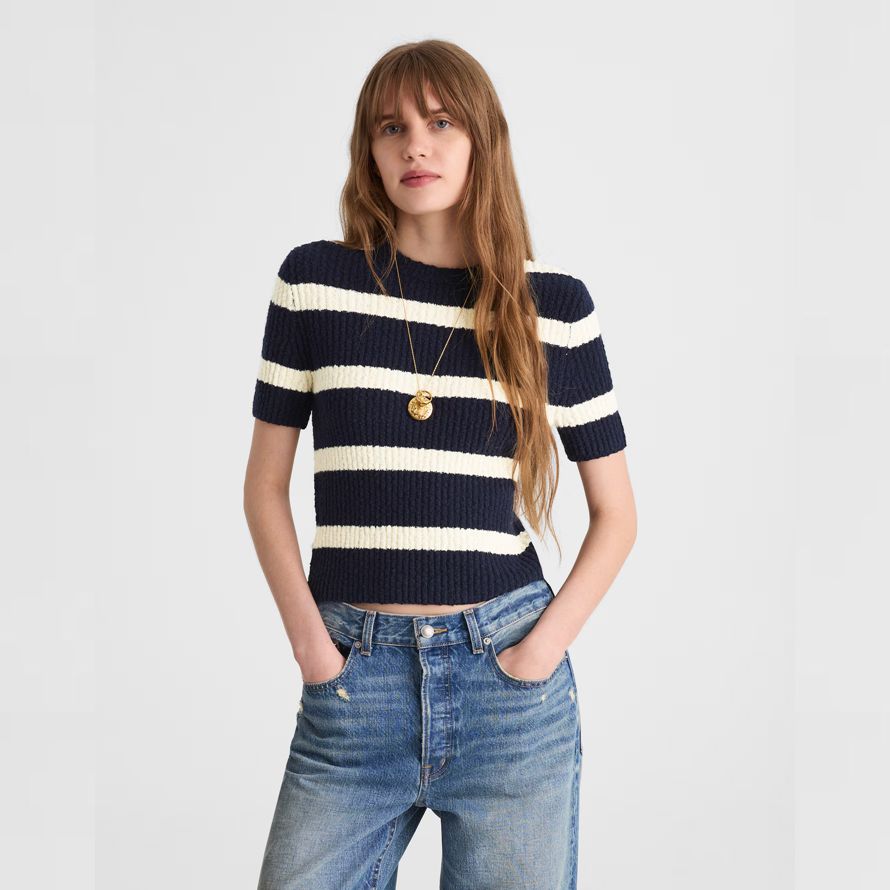 madewell bouclé-knit crewneck short-sleeve womens pullover marine creme