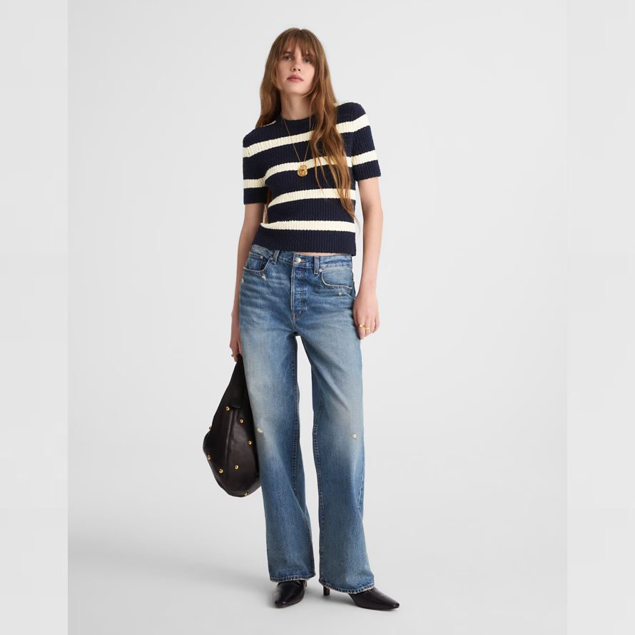 madewell bouclé-knit crewneck short-sleeve womens pullover marine creme