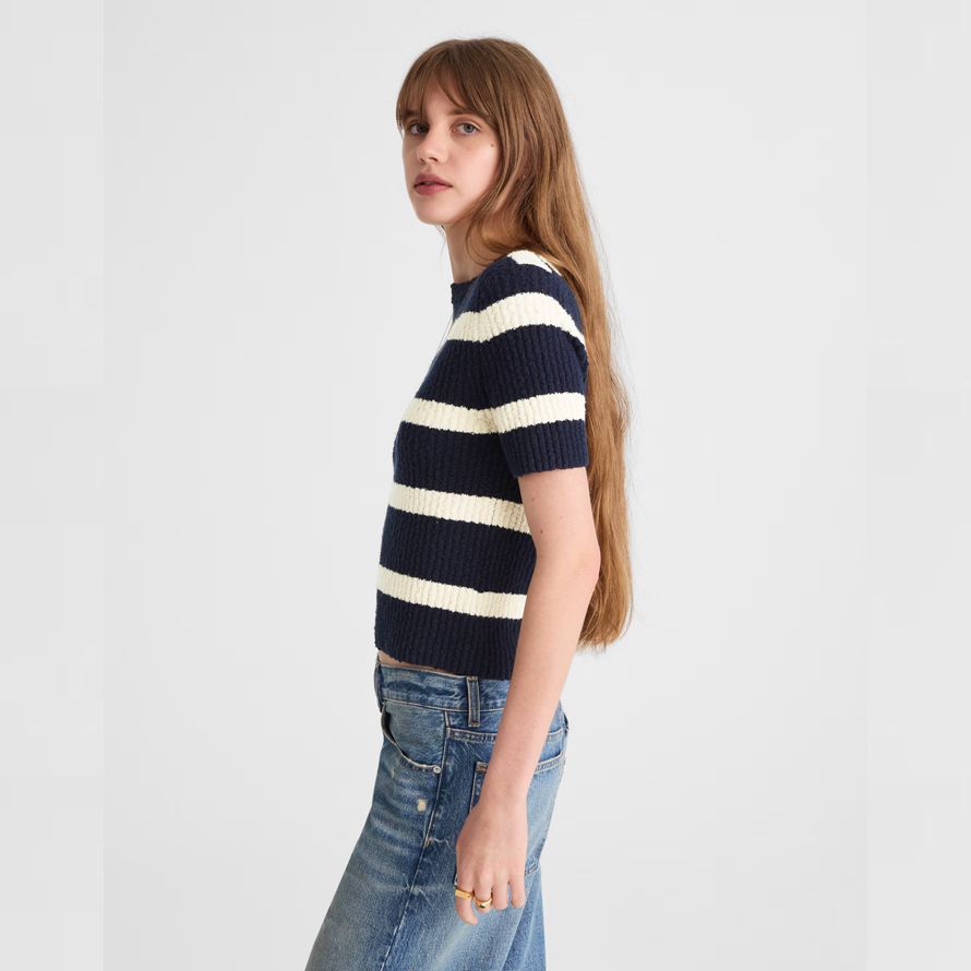 madewell bouclé-knit crewneck short-sleeve womens pullover marine creme