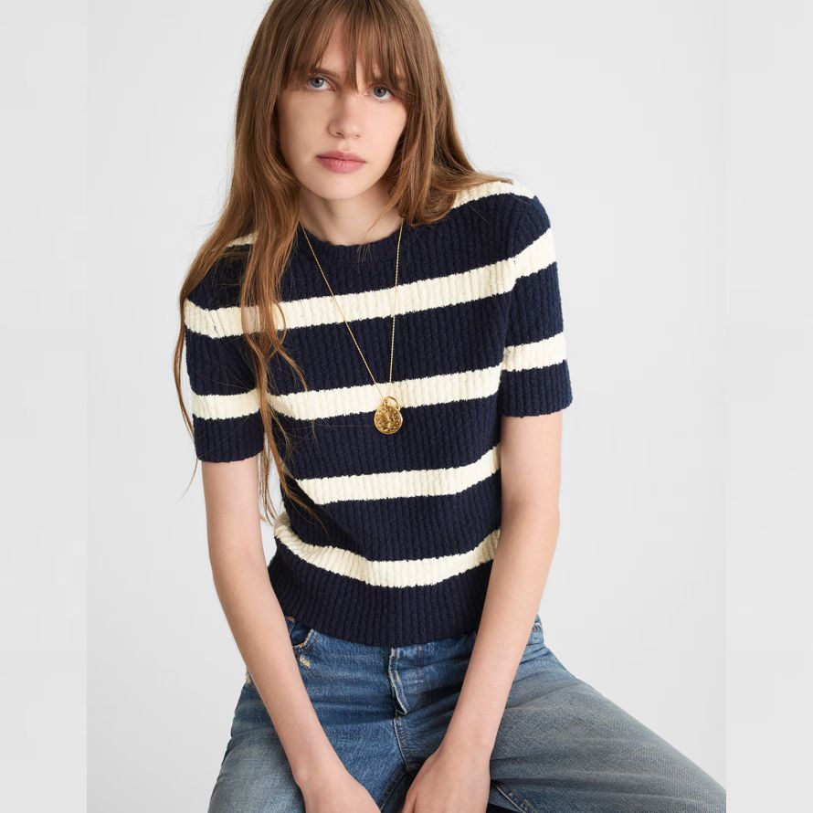madewell bouclé-knit crewneck short-sleeve womens pullover marine creme