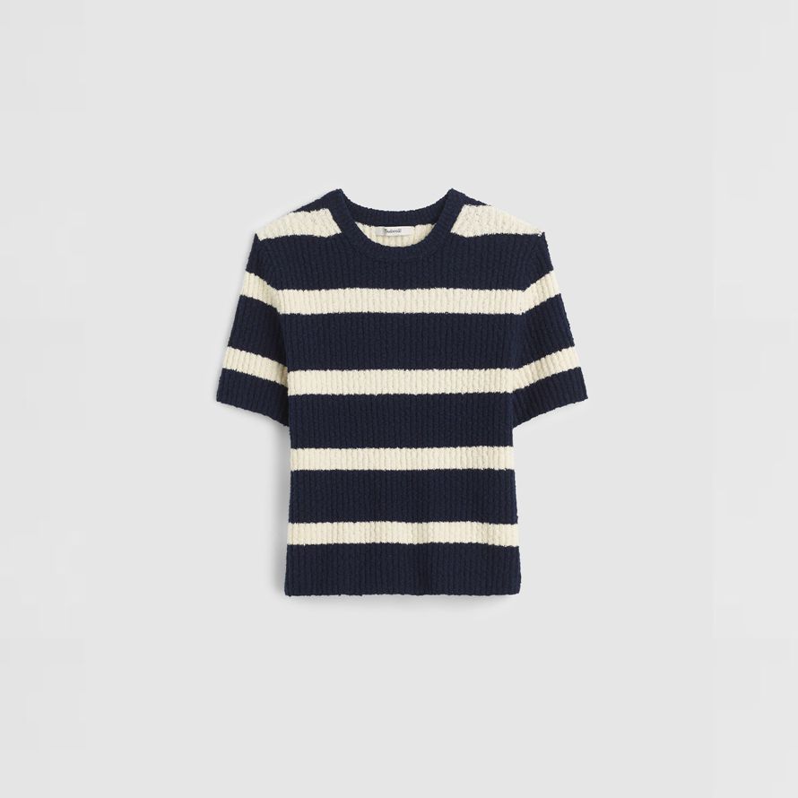 madewell bouclé-knit crewneck short-sleeve womens pullover marine creme