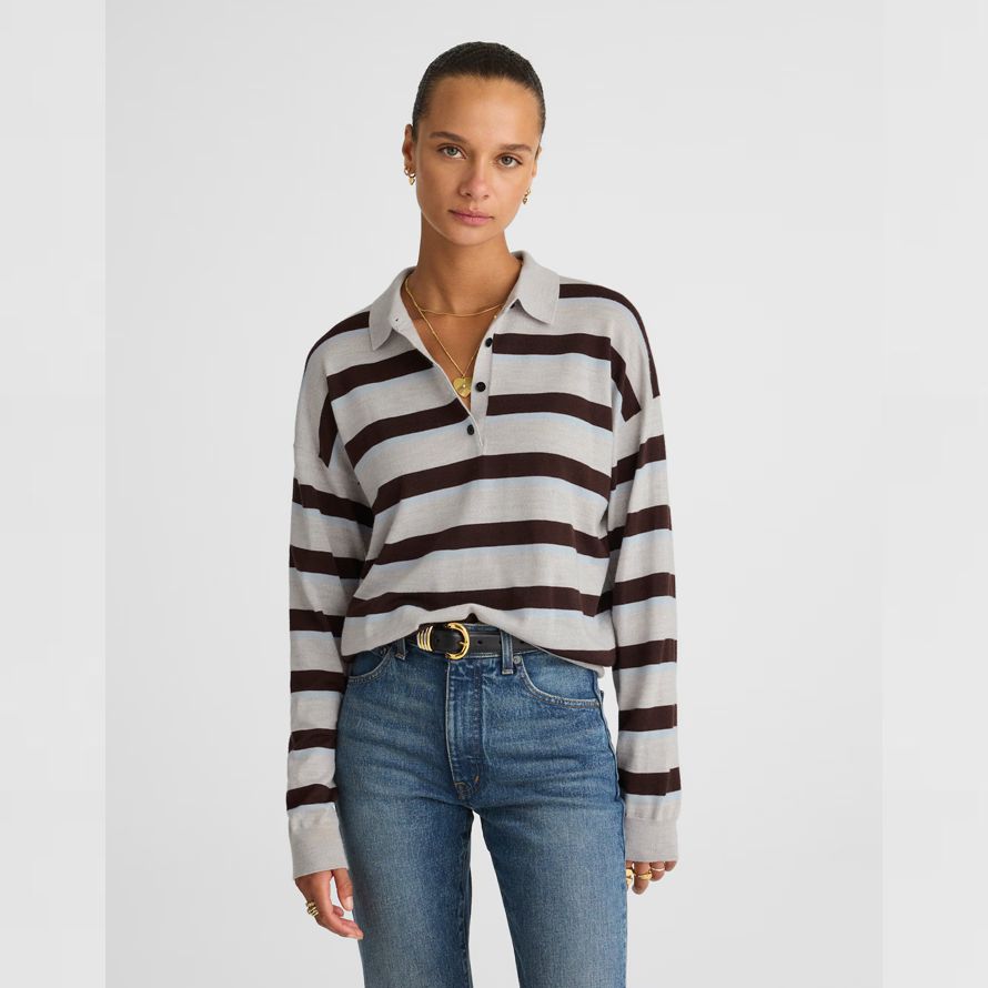 madewell striped polo merino-wolle-damen-pullover-grau dunkelbraun