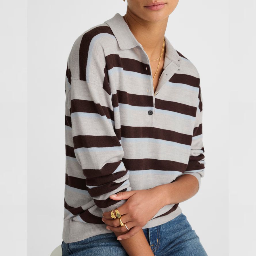 madewell striped polo merino-wolle-damen-pullover-grau dunkelbraun