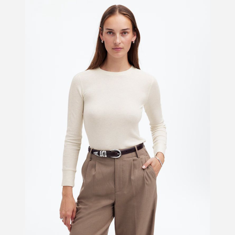madewell ribbed crewneck lange-sleeve frauen t-shirts sahne