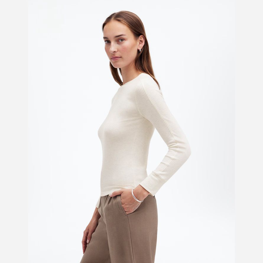 madewell ribbed crewneck lange-sleeve frauen t-shirts sahne