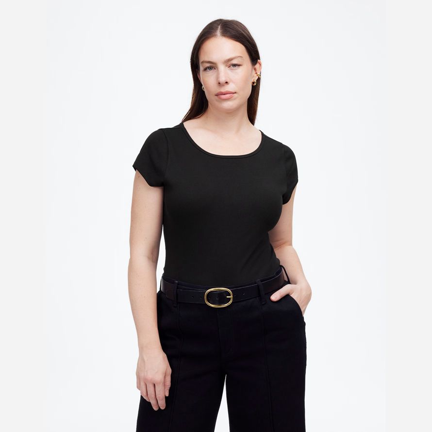black womens madewell regenerative baumwolle gerippte mütze-langarm-t-shirts