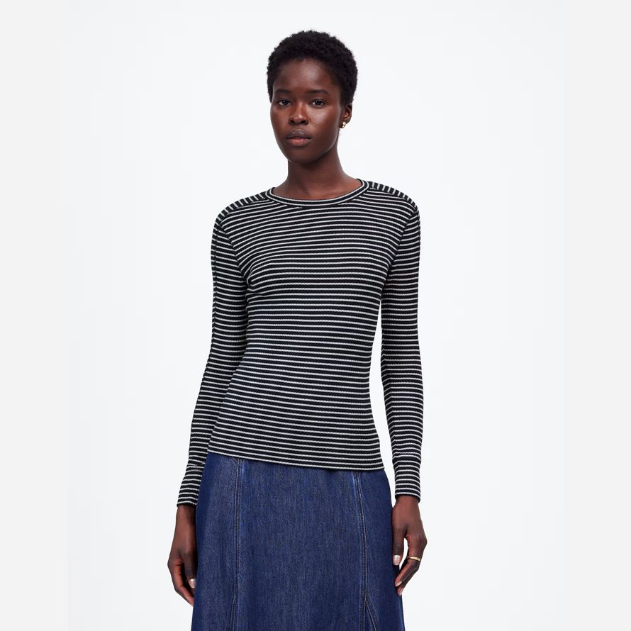 madewell ribbed crewneck lange-sleeve frauen t-shirts schwarz weiß