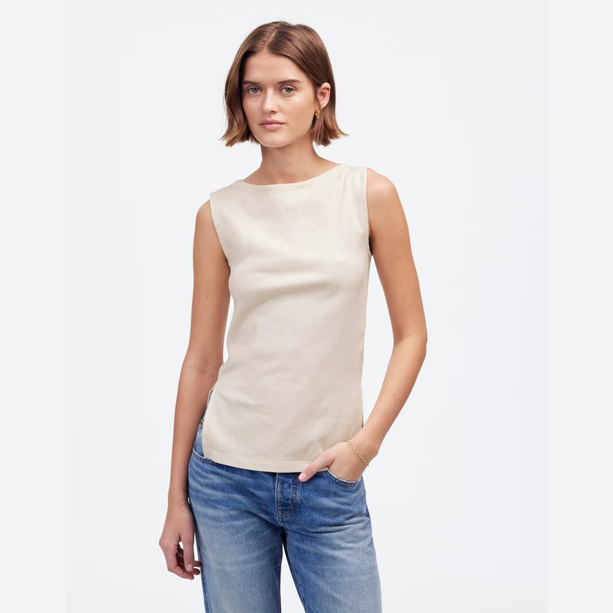 madewell sleeveless boatneck side slit womens t-shirts-creme