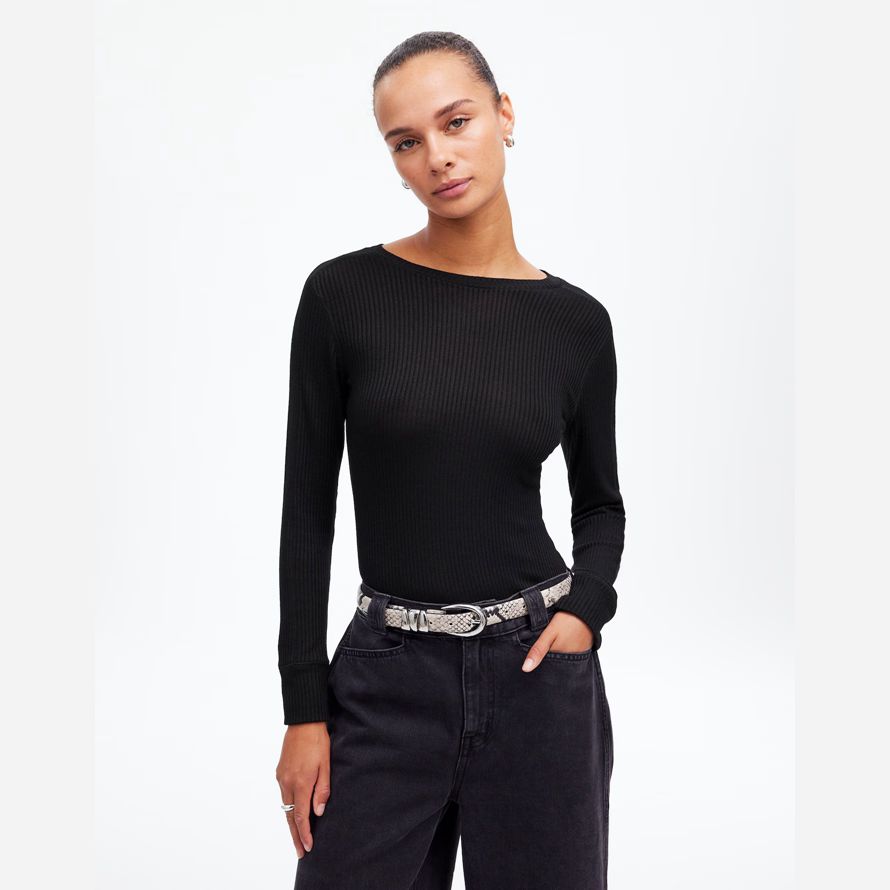 damen madewell ribbed crewneck lange-sleeve t-shirts schwarz