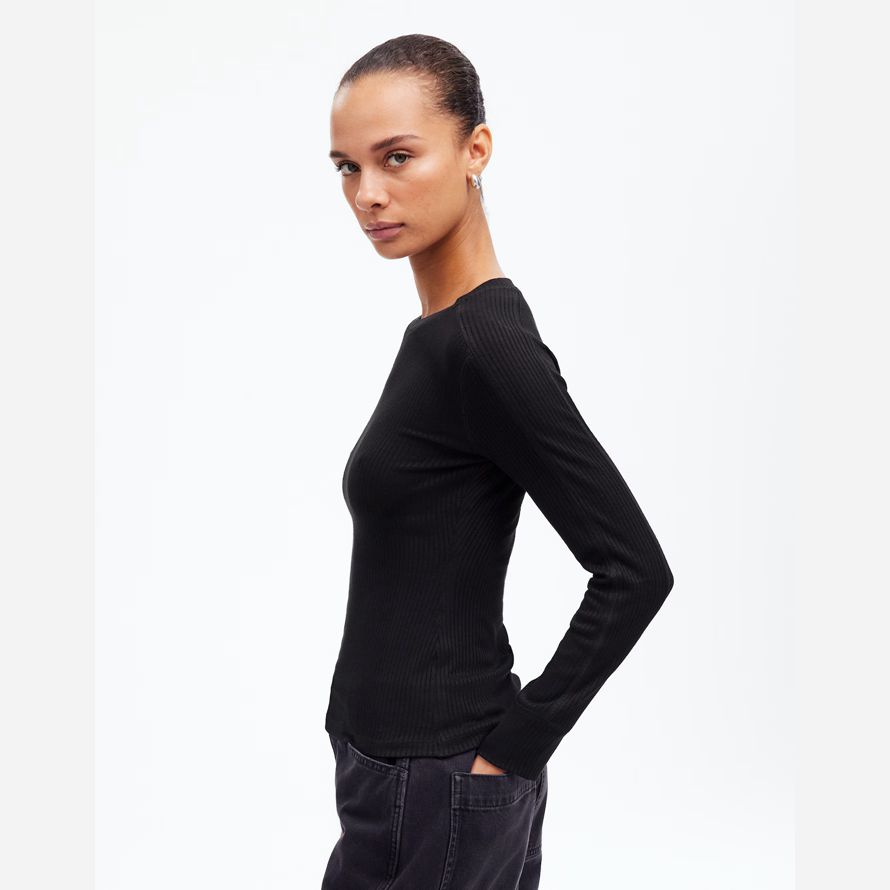 damen madewell ribbed crewneck lange-sleeve t-shirts schwarz