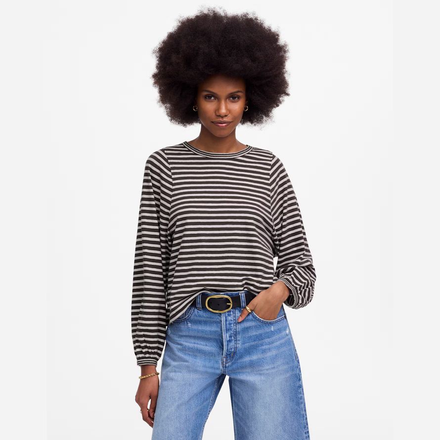 madewell lange ballon-Ärmel crewneck frauen t-shirts schwarz beige