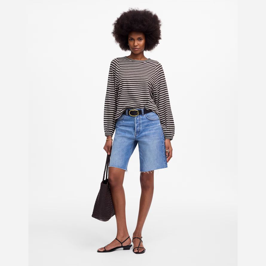 madewell lange ballon-Ärmel crewneck frauen t-shirts schwarz beige