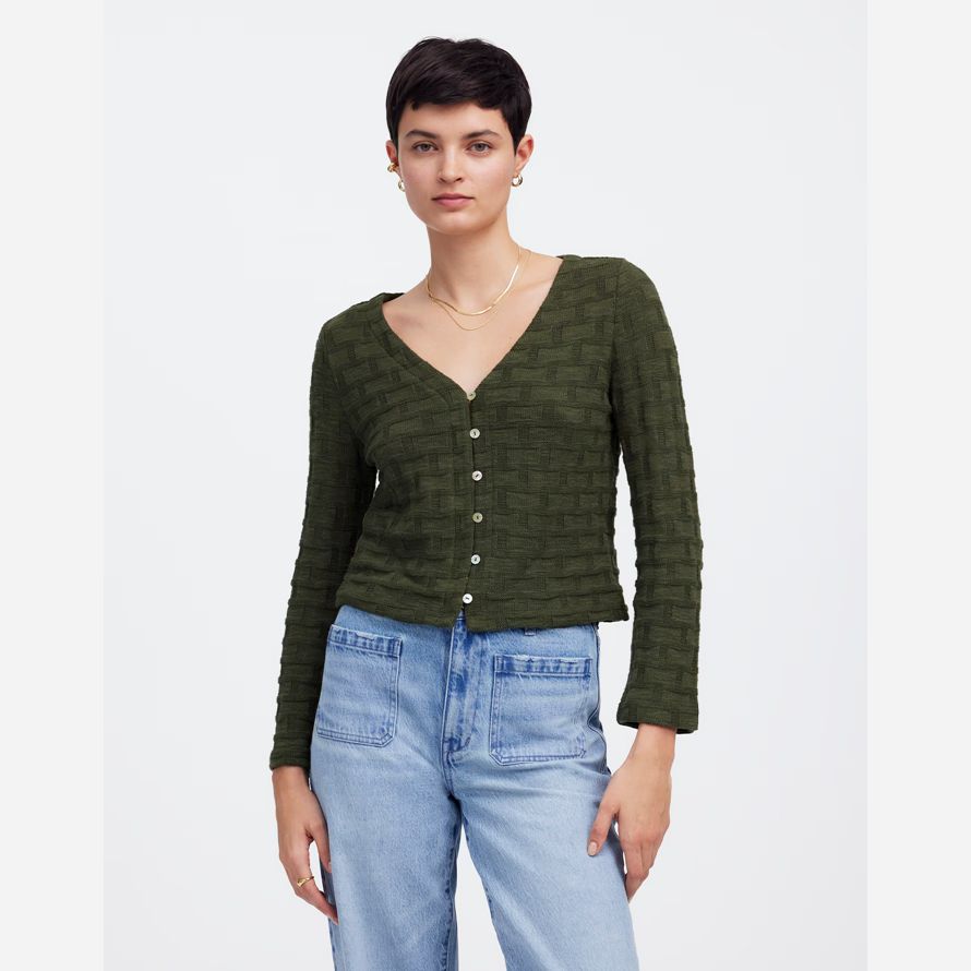 dunkelgrün damen madewell basket weave stitch long-sleeve pullover t-shirts
