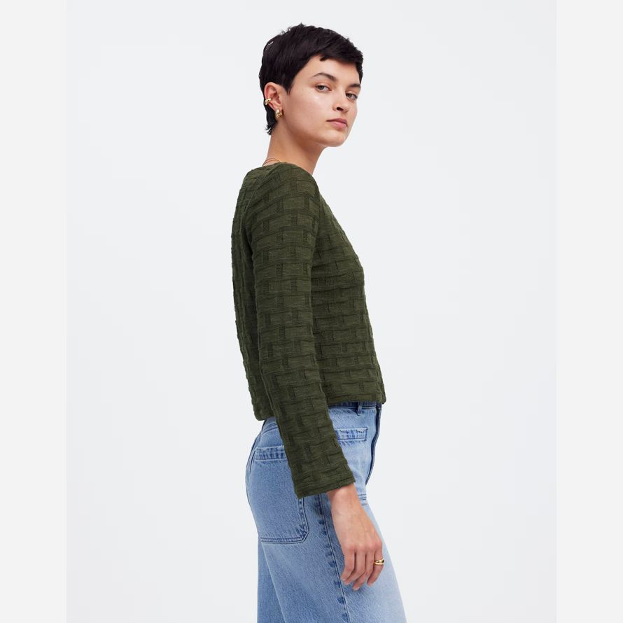 dunkelgrün damen madewell basket weave stitch long-sleeve pullover t-shirts