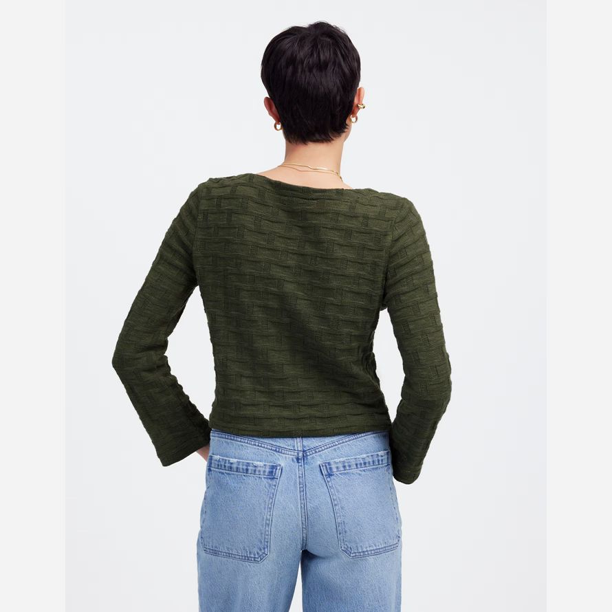 dunkelgrün damen madewell basket weave stitch long-sleeve pullover t-shirts