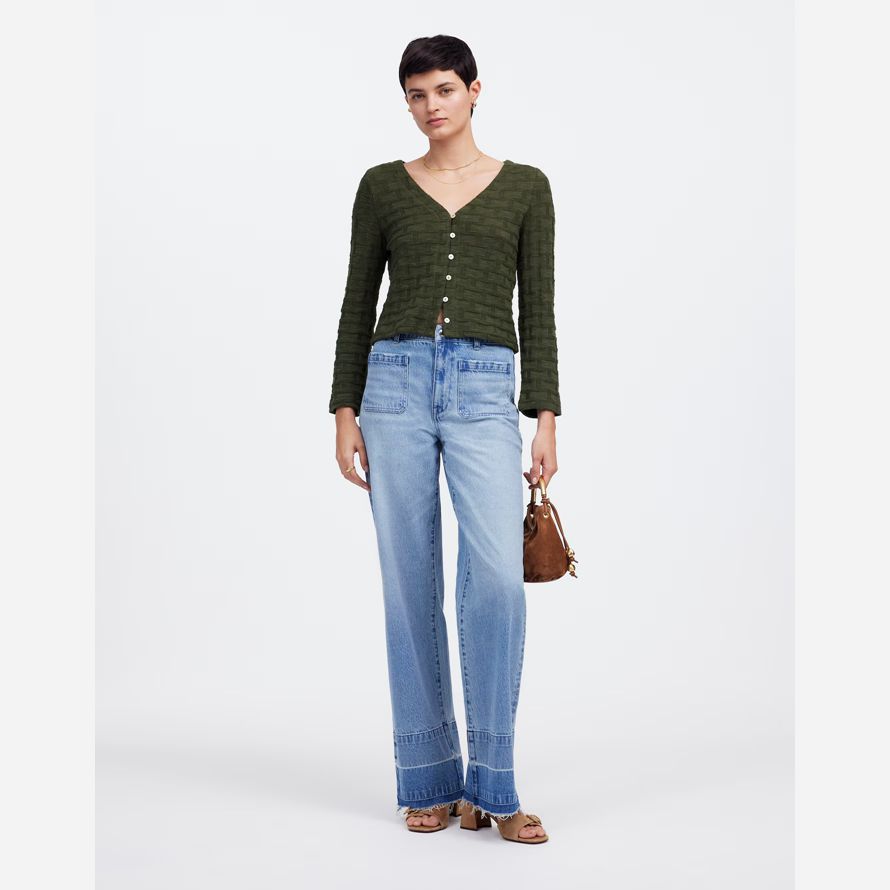 dunkelgrün damen madewell basket weave stitch long-sleeve pullover t-shirts