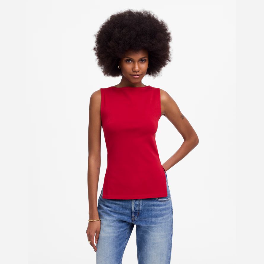 red madewell womens sleeveless boatneck side slit t-shirts