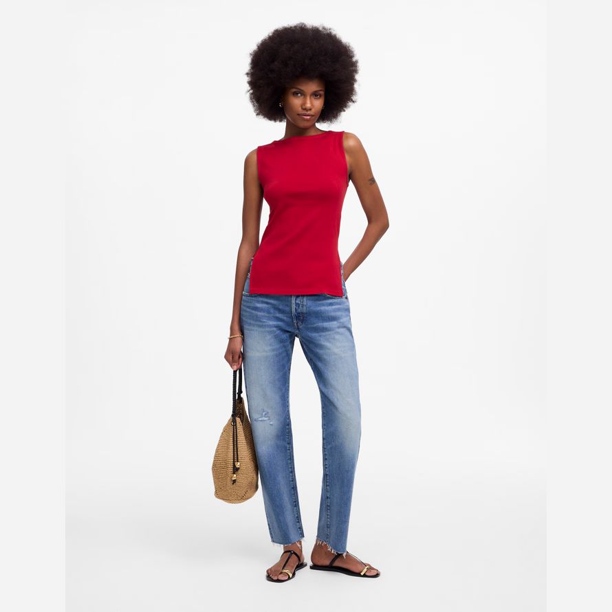 red madewell womens sleeveless boatneck side slit t-shirts