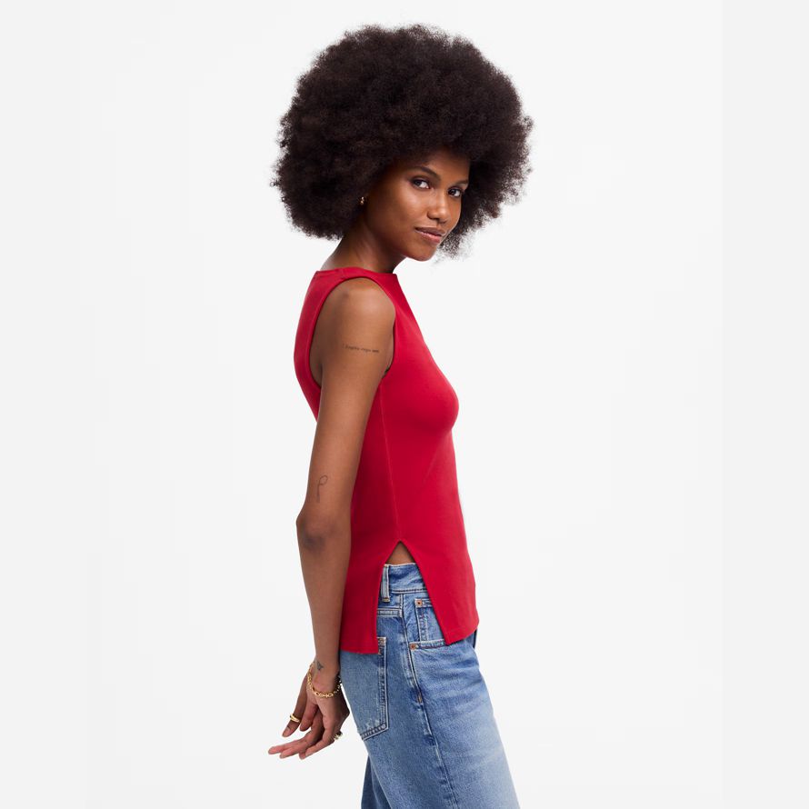 red madewell womens sleeveless boatneck side slit t-shirts