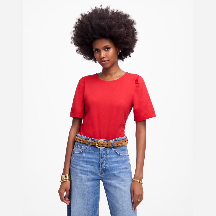 red madewell seite-cinch-puff-Ärmel-frauen-t-shirts