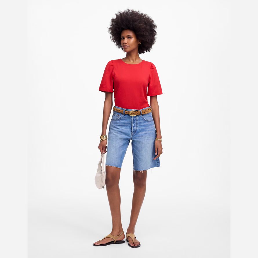 red madewell seite-cinch-puff-Ärmel-frauen-t-shirts