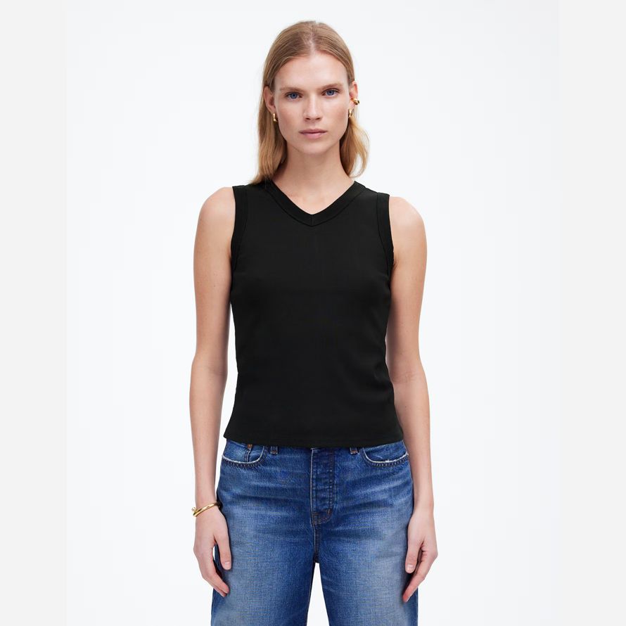 schwarz madewell regenerative baumwolle gerippte high v-neck womens tank