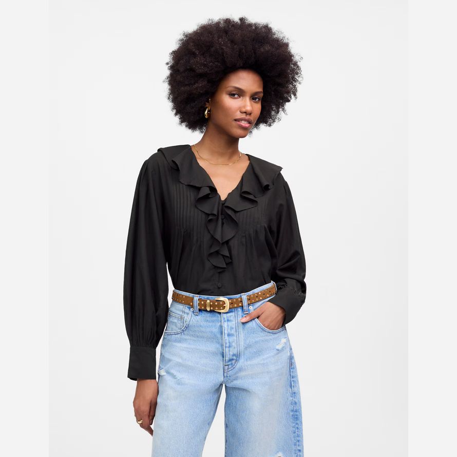 schwarz madewell ruffled pintucked long-sleeve womens top