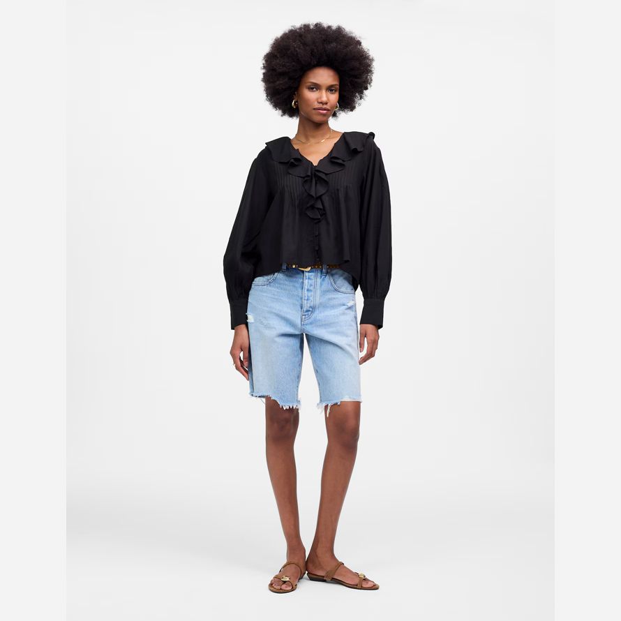 schwarz madewell ruffled pintucked long-sleeve womens top