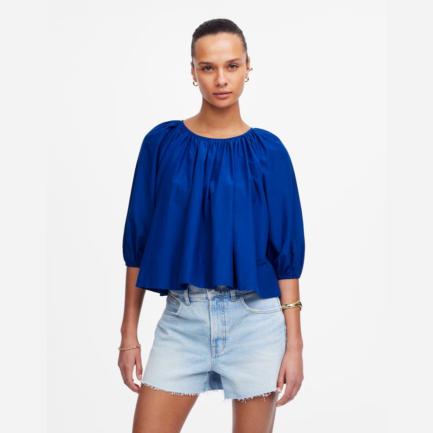 blau damen madewell geraffte puff-sleeve cotton-silk voile spitze