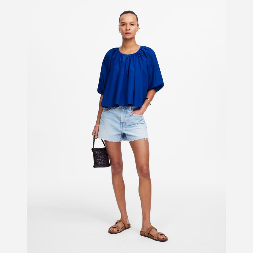 blau damen madewell geraffte puff-sleeve cotton-silk voile spitze