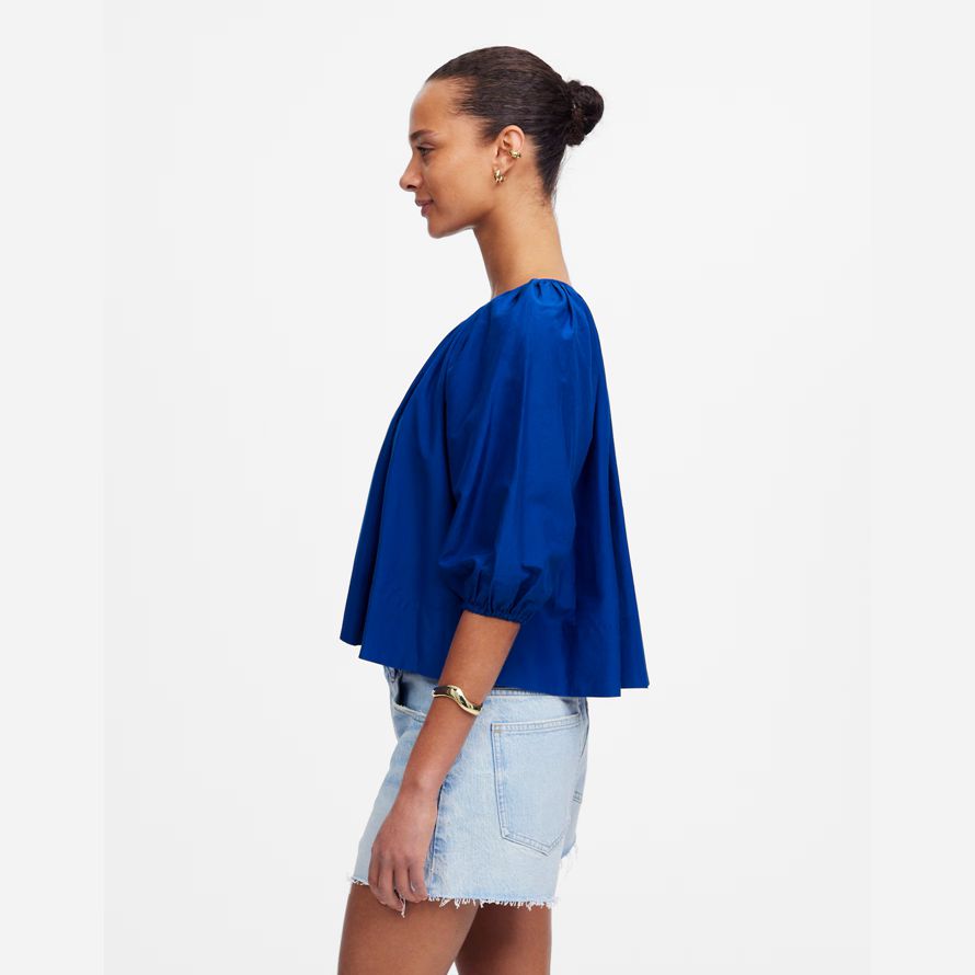 blau damen madewell geraffte puff-sleeve cotton-silk voile spitze