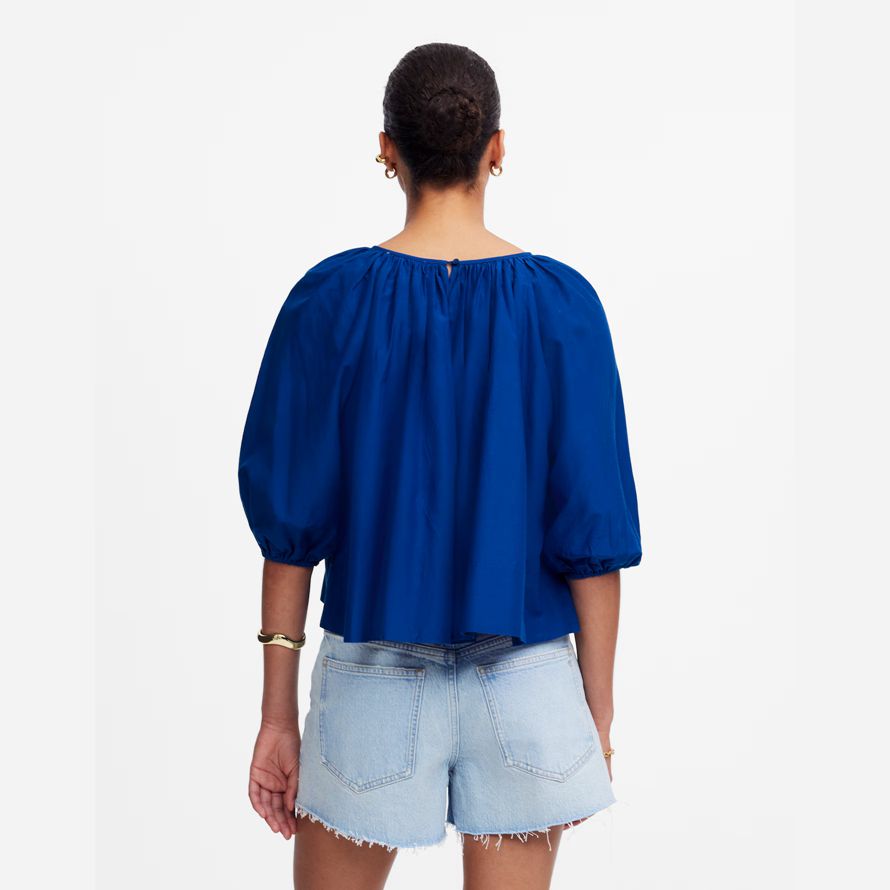 blau damen madewell geraffte puff-sleeve cotton-silk voile spitze