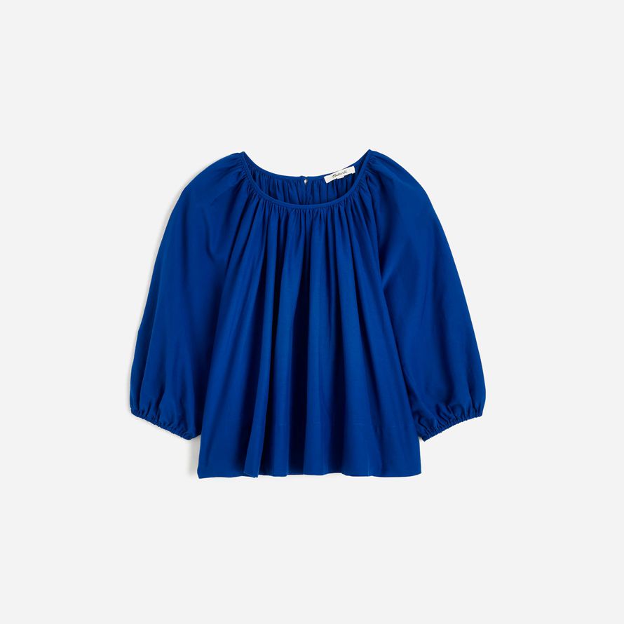 blau damen madewell geraffte puff-sleeve cotton-silk voile spitze