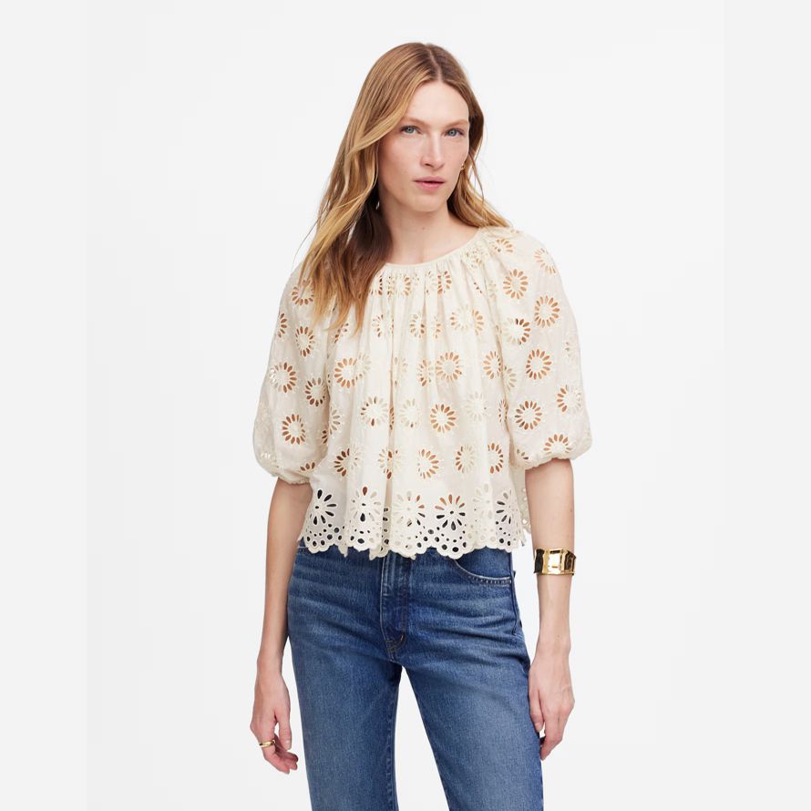 leichte creme madewell bestickt geraffte puff-sleeve womens top